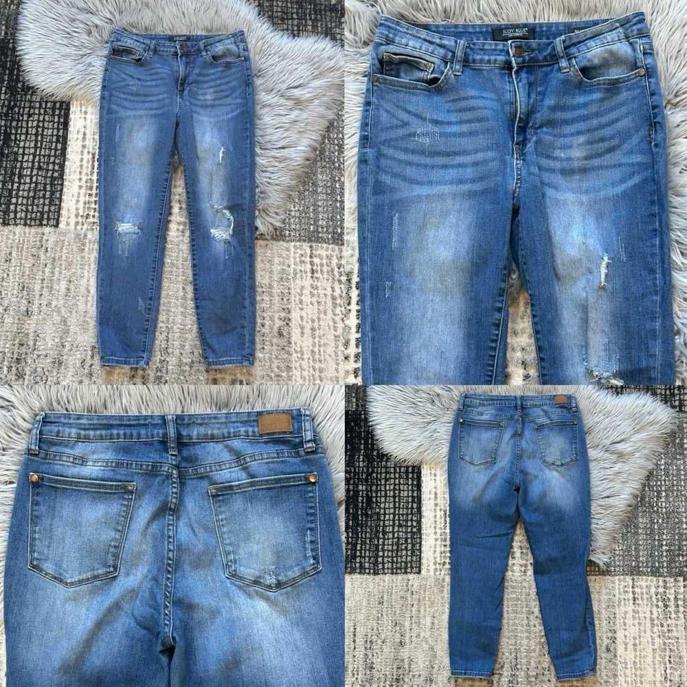 Judy Blue Jeans 32 Relaxed Fit Blue Distressed Denim Stretch Mid Rise‎ Womens